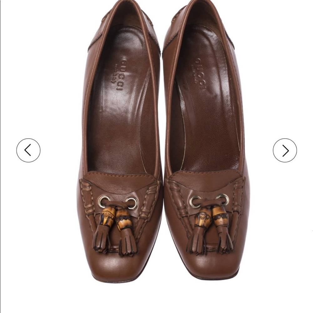 Authentic Gucci Brown Leather Bamboo Tassel Loafer Pumps